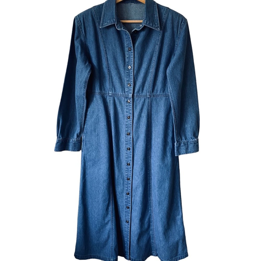 Vintage Size Sm Denim Button Front Denim Dress Prairie Cottage Coastal Pockets